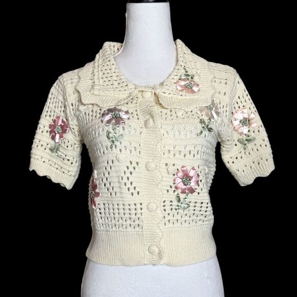 Chicwish Sweaters - Y2K Open Knit Crochet Polo Sweater Button Up Top Floral Cottage Fairy Peasant
